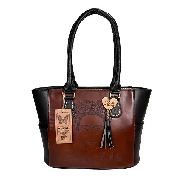 BOLSO VAQUETA ARTESANAL MARIBEL FRIDA LASER SHEDRON NEGRO Y