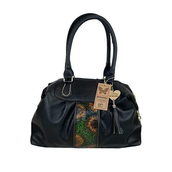 BOLSO VAQUETA ARTESANAL BRI FRANJA GIRASOL BICOLOR NEGRO O